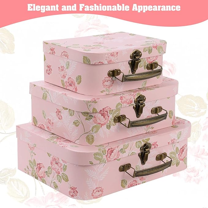 Set of 3 Paperboard Suitcases Storage Box Storage Gift Boxes With Lids for Photo Storage Home Decoration, Wedding, Birthday, Anniversary and New Year Gift Decoration (3Pcs, Pink Flowers)