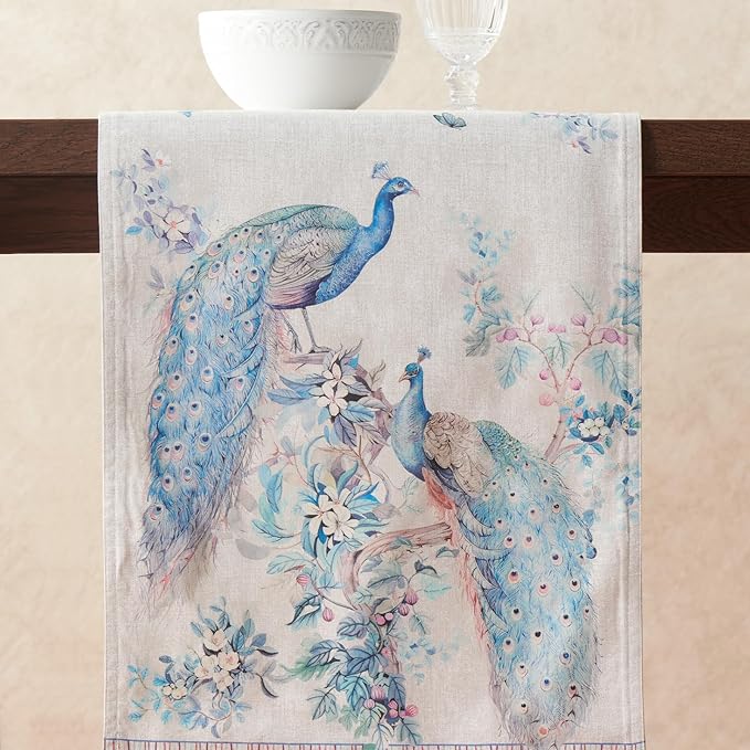 Maison d' Hermine Tablerunner 14.50"x108" 100% Combed Cotton Premium Decorative Runners, Kitchen, Party, Wedding, Restaurant & Camping, Peacock Utopia (Double Layer)