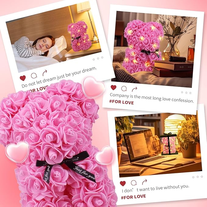 Otlonpe Cute Bear Rose Flower with Light | Women Gifts & Indoor Table Decorations for Christmas, Valentines, Mothers Day, Birthday, Anniversary | Handmade Gifts for Women Mom Wife Girlfriend (Pink)