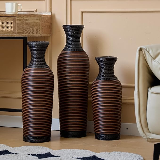 Black and Brown PVC Floor Vase Set of 3, Modern Decorative Flower Stand, Tall Artificial Vine Vase, Classic Home Decoration Vases for Living Room, Entryway, or Office
