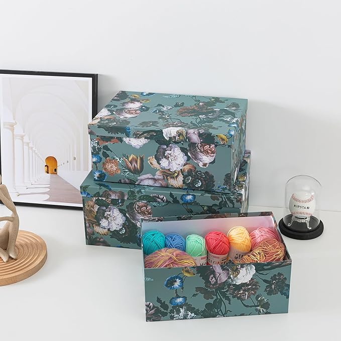 Soul & Lane Decorative Storage Cardboard Boxes with Lids | Elegance in Bloom - Set of 3 | Floral Moody Paperboard Nesting Boxes