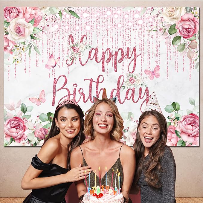 Rose Gold Birthday Backdrop - Floral Decorations, Glitter Blush Pink Flower Happy Birthday Banner for Women Girls Bday Party - Photography Background Photo Booth Supplies 10x7ft