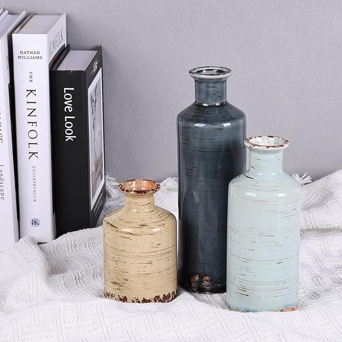 Ceramic Vase Set of 3, Crackle Glaze Decorative Flower Vases for Dried or Fresh Arrangements, Modern Farmhouse Decoration Table Shelf Centerpiece for Living Room, Dining, Fireplace, Entryway