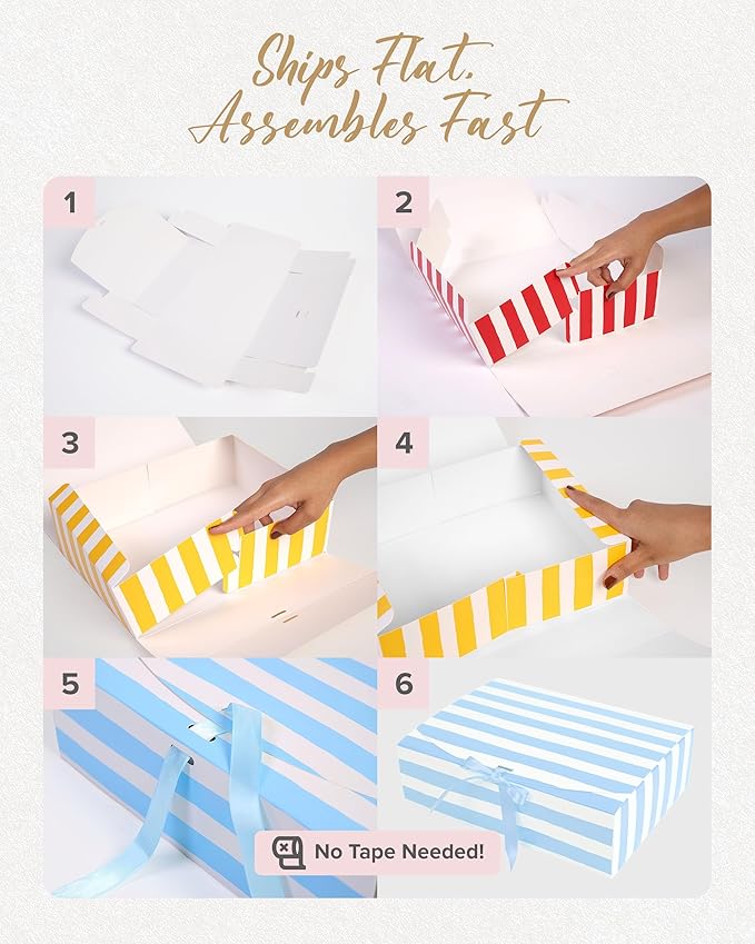 HummingBox Stripes Gift Box Set of 16 - Gift Boxes for Presents & gifting on weddings, birthdays & more - Easy to Assemble Striped Gift Boxes With Lids & Ribbon Closure - Decorative Boxes With Lids
