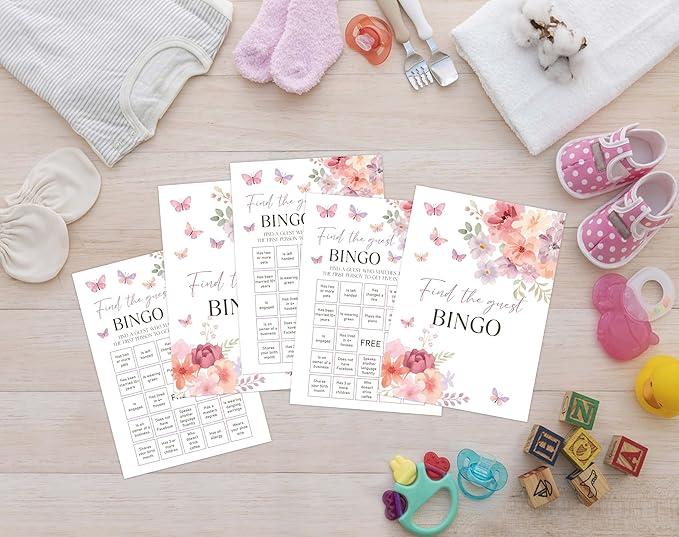 Baby in Bloom Baby Shower Games, Floral Find The Guest Bingo Game for 30 Guests with Game Cards, Gender Reveal Supplies & Decorations (DV22)