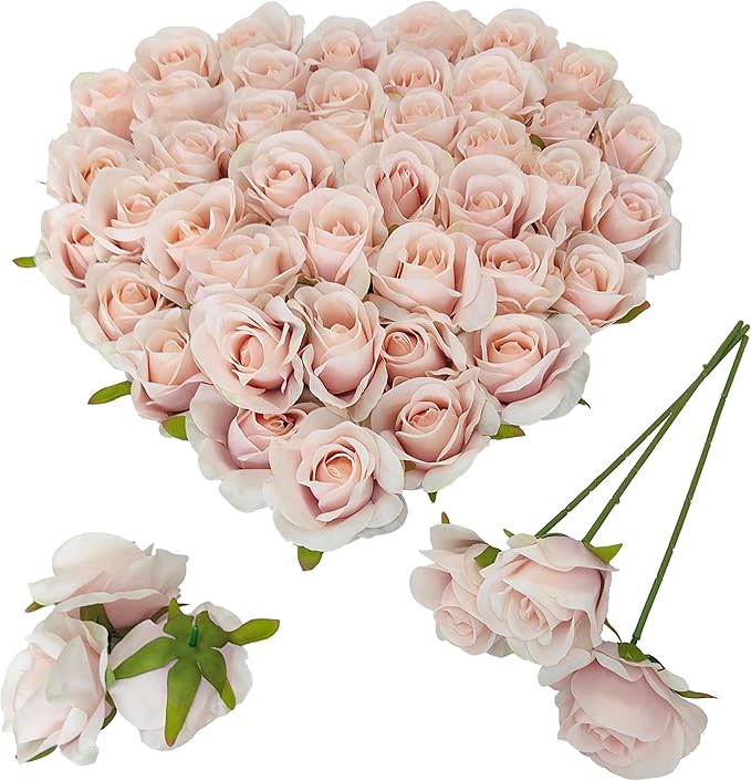 Artificial Satin Rose Flower Heads,42 Pcs Silk Rose Heads with Stems,3.5'' Rose Artificial Flowers Bulk,Artificial Rose Flower Heads for DIY Crafts Bouquet (42, Fall Pink)