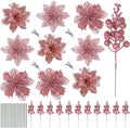 RECUTMS 66 Pcs 3 Styles Christmas Ornaments Christmas Glitter Poinsettia Flowers Artificial Christmas Tree Flower Decorations Wedding Wreath Floral Decorations (Rose Gold)