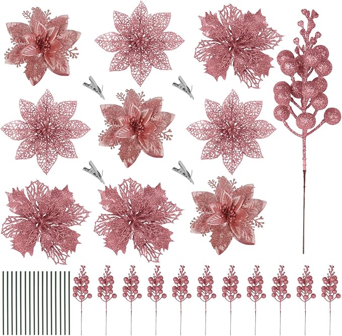 RECUTMS 66 Pcs 3 Styles Christmas Ornaments Christmas Glitter Poinsettia Flowers Artificial Christmas Tree Flower Decorations Wedding Wreath Floral Decorations (Rose Gold)
