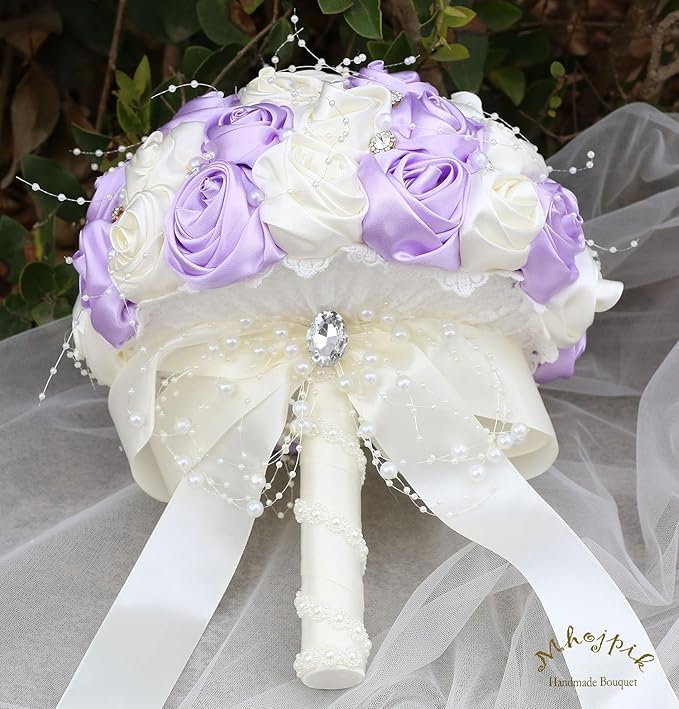 Bridal Wedding Bouquet Round Bling Brooch Bouquet Throw Toss Artificial Rose Flower Bunch for Bride Bridesmaid Wedding Quinceanera(Light Purple & Ivory, 7.5")