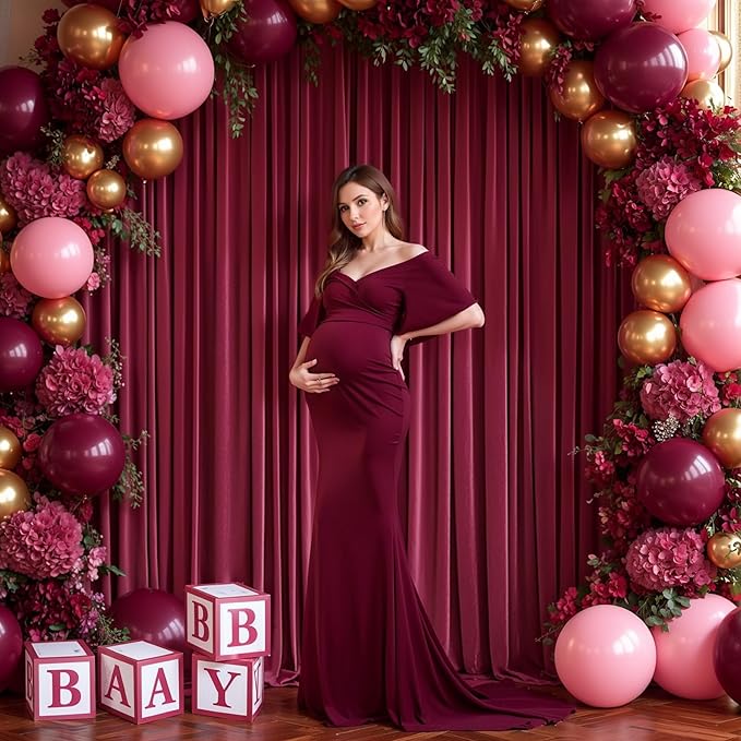 Burgundy Backdrop Curtains - 8 Panel Wrinkle-Free Polyester Photography Drapes for Baby Shower & Birthday Party - 32 X 10FT
