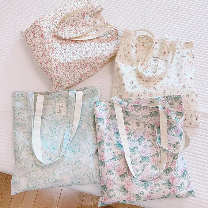 Cotton Canvas Tote Bag Reusable Soft Grocery Cloth Bag Floral Shoulder Bag for Beach Travel Shopping