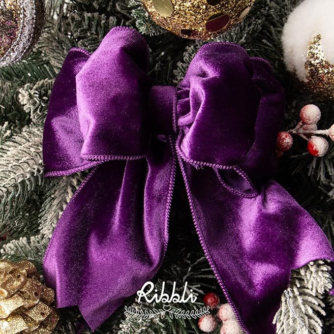 Ribbli Purple Velvet Wired Ribbon 4 Inch Velvet with Satin Christmas Ribbon for Gift Wrapping Christmas Tree Decoration Crafts Wreaths Supplies-Continuous 10 Yards