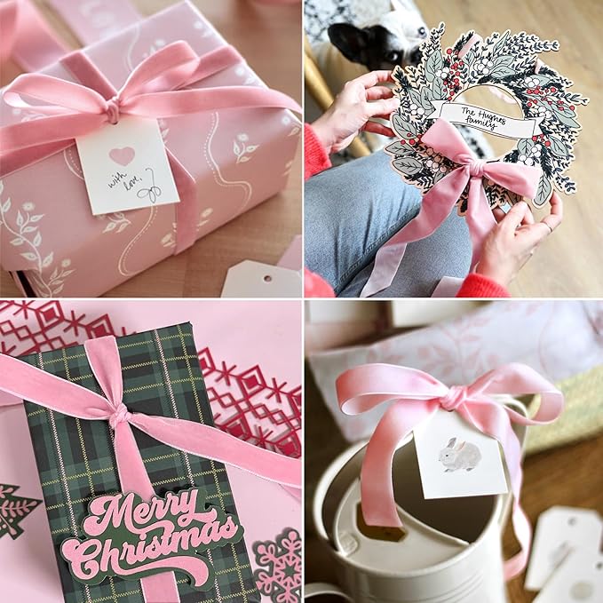 Pink Velvet Ribbon - 3/8 Inch x 10 Yards for Gift Wrapping, Crafts, Christmas Decor, Bow Making, Vintage Fabric