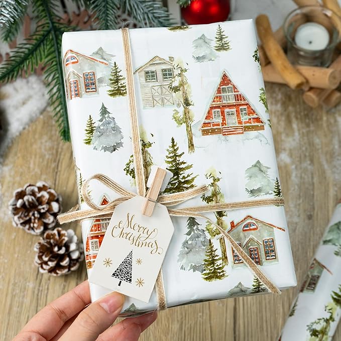 MAYPLUSS Christmas Wrapping Paper Roll - 17 In x 33 Feet - Cute Watercolor Christmas Tree Log Cabin Gift Wrap Paper for New Year, Holiday, Kids