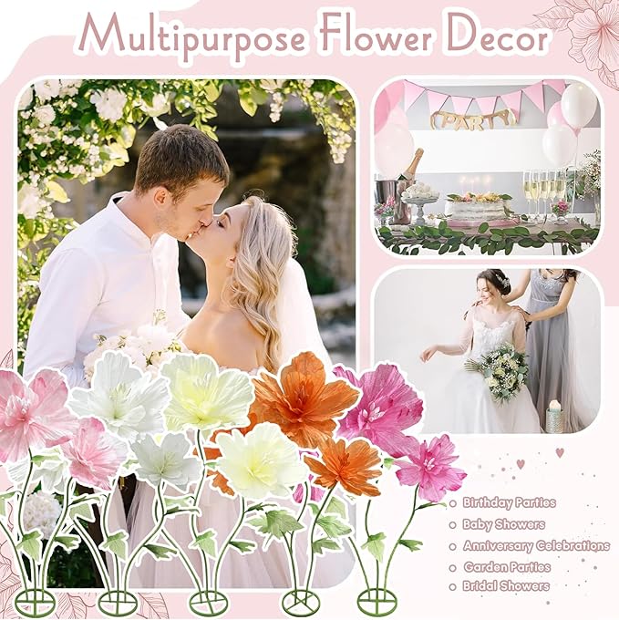 Large Artificial Paper Flowers Decoration, Giant Fake Flower with Standing Base and Stems Big Wedding Reception Background Party Banquet Decor Shop Window Display Photography Props, Dark Pink