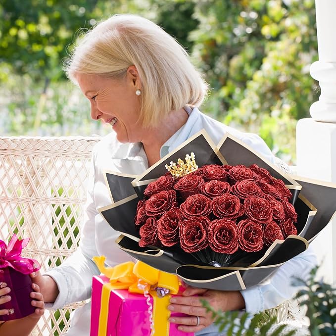 Waipfaru Glitter Roses Bouquet, DIY Fake Flowers Bouquet, Birthday Gifts for Women Mom, 24 Pcs Red Rose for Grandma Wife Girlfriend Valentines, Mothers Day, Anniversary, Graduation