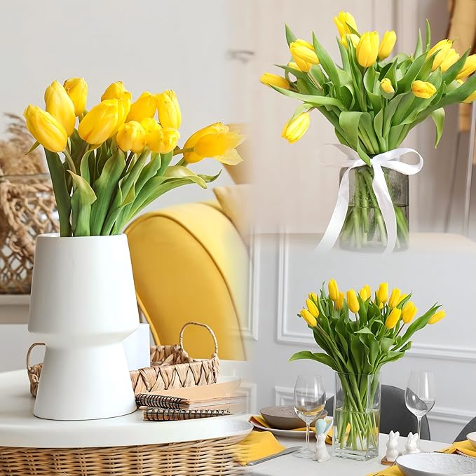 Sggvecsy 15 Pcs Fake Tulips Artificial Flowers Real Touch PU Faux Flowers Tulip Stems for Wedding Spring Bouquet Floral Arrangement Home Party Office Decorations for Mother's Day (Yellow)