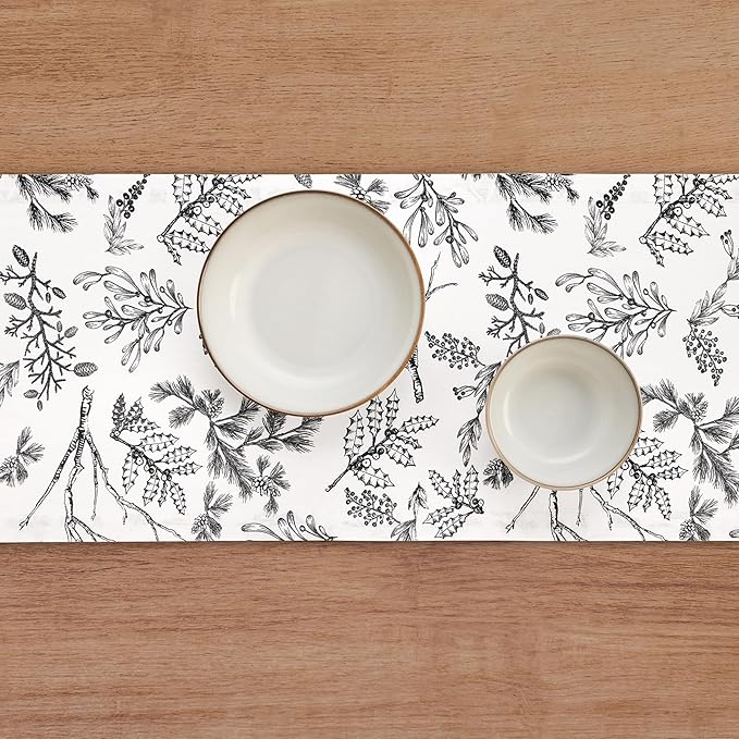 Solino Home 100% Pure Linen Christmas Table Runner 108 Inch Long - Black/White Table Runner 14 x 108 Inch - Handcrafted and Machine Washable - Winter Forest Print