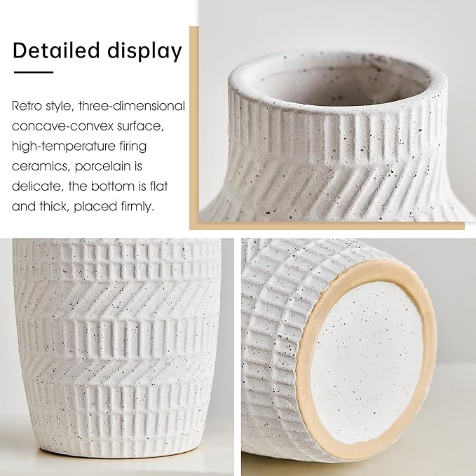 Modern White Ceramic Vase, Boho Flower Vases for Decor, 5.1" W x 8.7" H Modern Vase with Textured Pattern Table Centerpiece for Living Room Office Bedroom (Matte White Vase)
