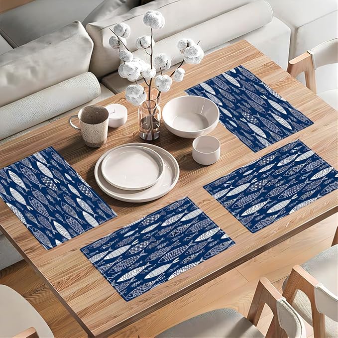 Japanese Fish Placemats Set of 4, Blue Fishing Country Double-Sided Table Mats for Kitchen Dining Room Home Party Indoor Decor 4 PCS 12x18 Inch