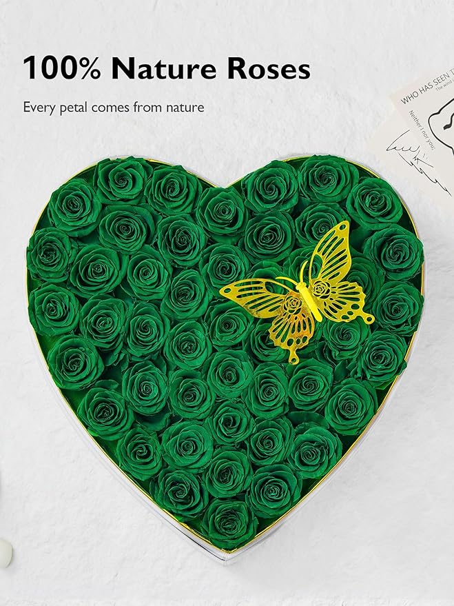 Eterfield 47 Forever Flowers in Heart Shape Box, Preserved Roses That Last a Year Preserved Flowers Birthday Gifts for Her Mom Women Wife Anniversary Valentines Day Mothers Day Christmas, Green