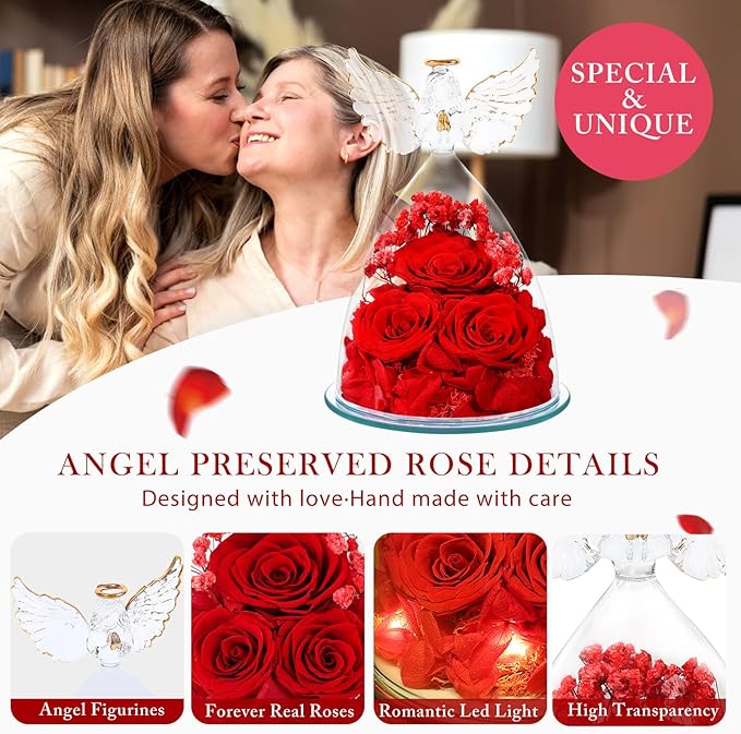 FIACO Preserved Flower Rose for Women, Forever Eternal Fresh Flowers in Glass Angel Figurines Flowers for Delivery Prime Red Roses for Grandma Mom Sister Her Wife on Mothers Day Birthday
