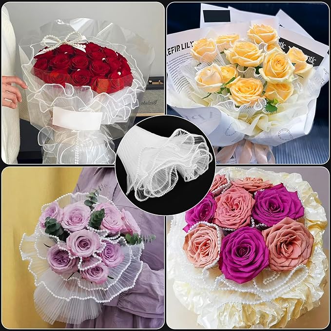 4 Yards Pearl Mesh Flower Wrapping Paper for Bouquets, Korean Floral Wrapping Paper, Pearl Mesh for Bouquets, DIY Gift Packaging, Valentines Flower Shop Decoration (Yards White)