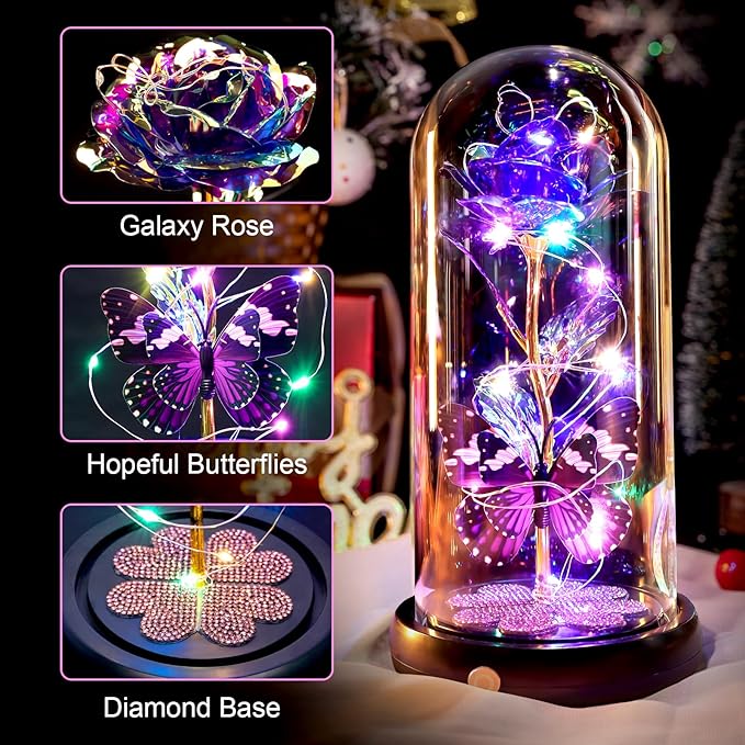 Christmas Rose Gifts for Women, Womens Gift for Christmas Rechargeable Galaxy Glass Rose Light Up Roses In Glass Dome Crystal Flower Butterfly Birthday Xmas Gifts for Women Wife Grandma Sister Purple