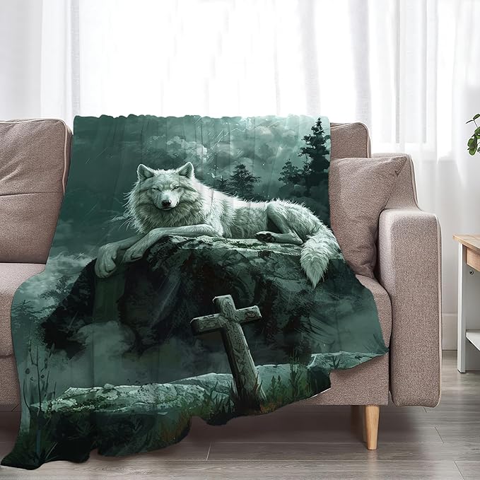 Wolf Christian Throw Blanket - Gifts and Decor for Women Men Adults - Soft Warm Cozy Fleece for Couch Sofa Bed 50"x40"