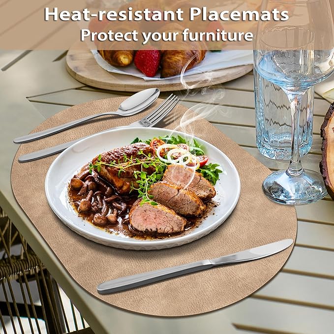 ADRIMER Placemats, Heat Resistant Oval Placemats Set of 6 Washable 12 x 17 Inch, Waterproof Table Placemats Set of 6, Wipeable Faux Leather Placemats for Kitchen, Dining Room, Apricot