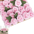 Artificial Flower Foam Rose 25pcs Real Looking Fake Rose with Stems Leaves for Home Decoration Party Garden Centerpieces DIY Wedding Bouquets（Light Pink）