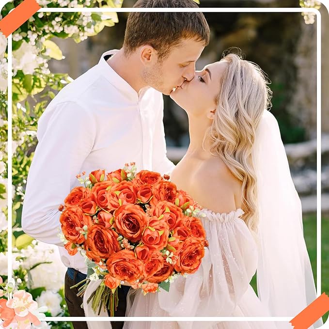 ASTRYAS 8Pcs Peonies Artificial Flowers, Orange Peony Artificial Peonies, Fall Flowers Fake Silk Peonies Artificial Flowers Peonies Bouquet for Autumn Centerpiece Table Wedding Party Home Decor