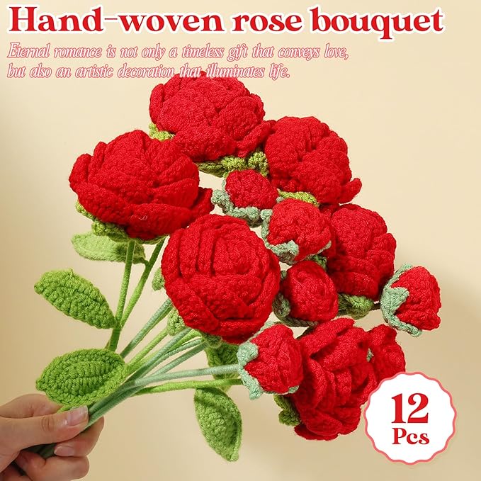 YoungJoy 12 Pcs Crochet Rose Handmade Knitted Flowers Tulip Sunflower Daisy Heart Artificial Knitted Floral Mother Day Graduation Home Decor(Mixed Red Rose)