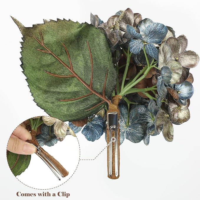 Hollyone Christmas Tree Ornaments 3Pcs Artificial Hydrangea Flowers with Clips Glitter Fake Hydrangea Flower for Christmas Tree Floral Vintage Faux Hydrangea for Wedding Party Xmas Blue