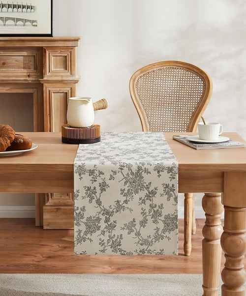100% Cotton French Pastoral Table Runners, 13x108 Inch Black Farmhouse Table Runners 108 Inches Long, Vintage Flowers Print Home Decors