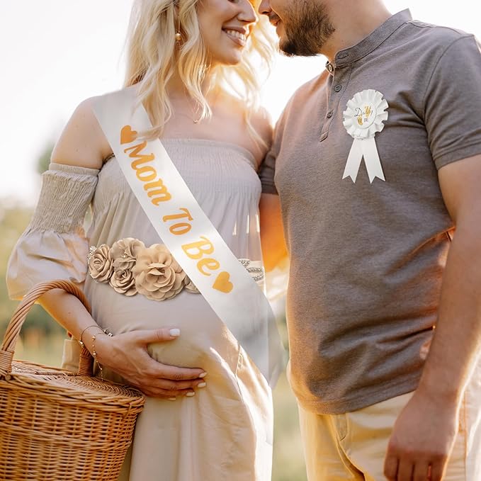 Baby Shower Maternity Sash Belly Belt-Pink Flower Sash Set Mom to Be & Dad to Be Corsage Pins for Gender Reveal