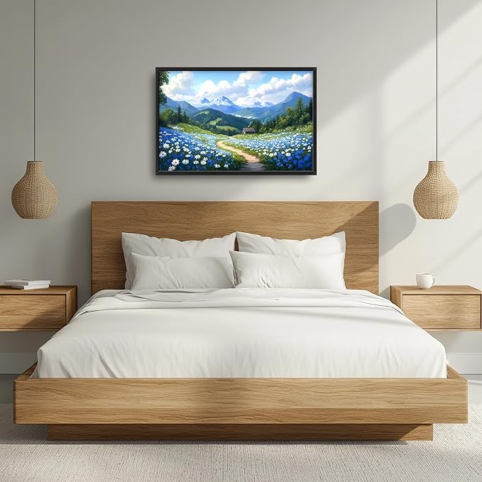 Mountain Large Wall Art Framed Wall Decor for Living Room Countryside Wildflowers Pictures Oversized Canvas Print Painting Modern Extra Large Framed Artwork for Bedroom Office 36"x24"