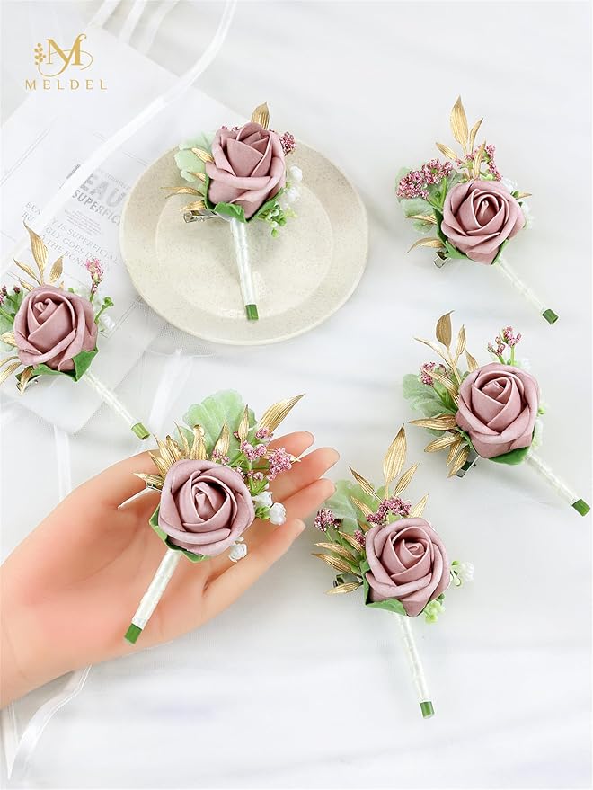 Meldel Dusty Rose Pink Boutonniere for Men Wedding, Set of 6, Groom Groomsman Boutonniere, Mens Boutonnieres for Wedding Prom Ceremony Anniversary Party Homecoming