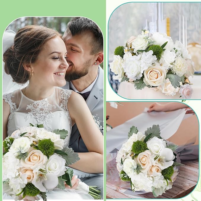 Jspupifip Artificial Flowers Combo Box, Silk Floral Wedding Bouquets Rose with Stem for DIY Wedding Arrangement Bridal Baby Shower Flower Vase Centerpiece Cake Decor (White, Champagne)