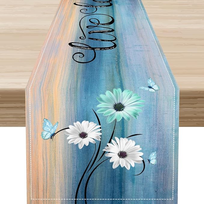 Daisy Table Runner, Vintage Blue Style Wild Flower Table Decor for Home Kitchen Dining Patio Holiday Party Indoor Outdoor Table Decorations 13x90 inch