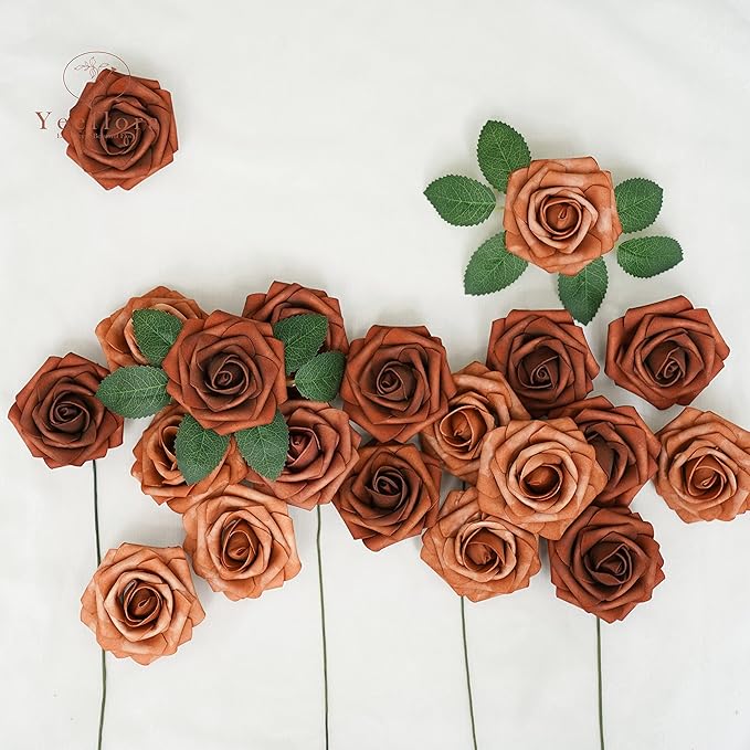 Artificial Flowers, 100pcs Artificial Rose for DIY Wedding Bouquets Centerpieces Arrangements, Shades of Terracotta Foam Roses with Stem for Bridal Shower Party Home Decorations