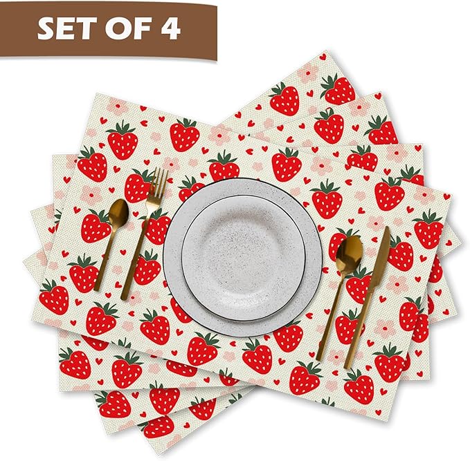 Red Cute Kids Fruit Strawberry Placemats Set of 4, Table Mats Place Mats for Kitchen Dining Table Decoration 16.9x11.4 Inch