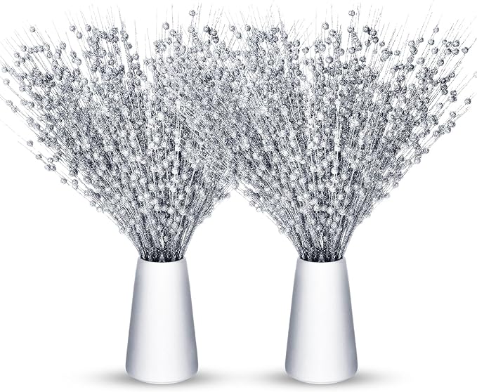 Geosar 30 Pcs Christmas Artificial Glitter Berry Stem Decorations 17 Inch Faux Stick Floral Pick Centerpiece Bouquet Flower Bead Twigs for Centerpiece Tree Wreath Xmas Ornaments Home(Silver)