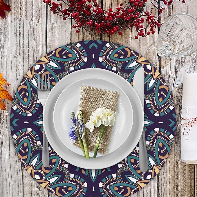 Mandala Round Placemat Set of 4 Elegant Linen Table Mats for Dining, Heat Resistant, Stain Resistant Perfect for Dinner Parties, Restaurants, and Everyday Use