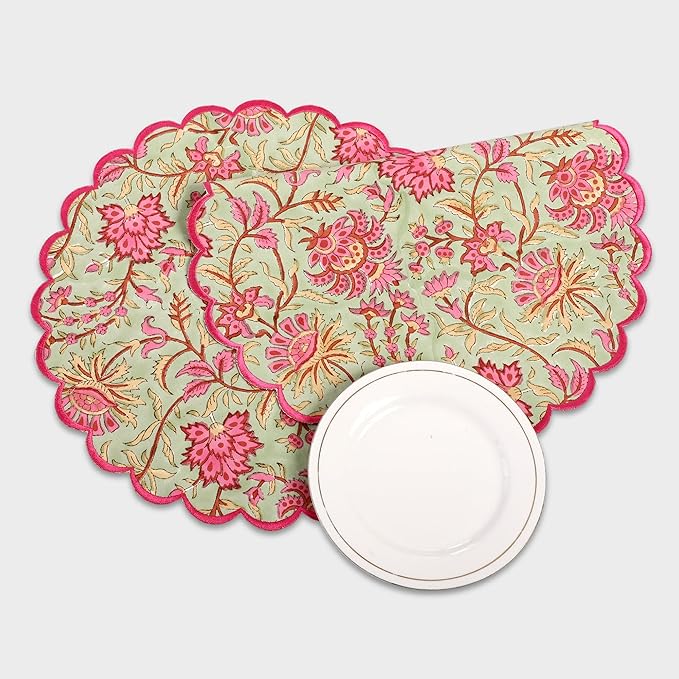 Ridhi Pistachio Green Hand Block Print Cotton15 Inch Round Set of 4 Reusable Washable PlaceMats Kitchen Dining Thanksgiving Halloween Christmas Weddings Everyday Use