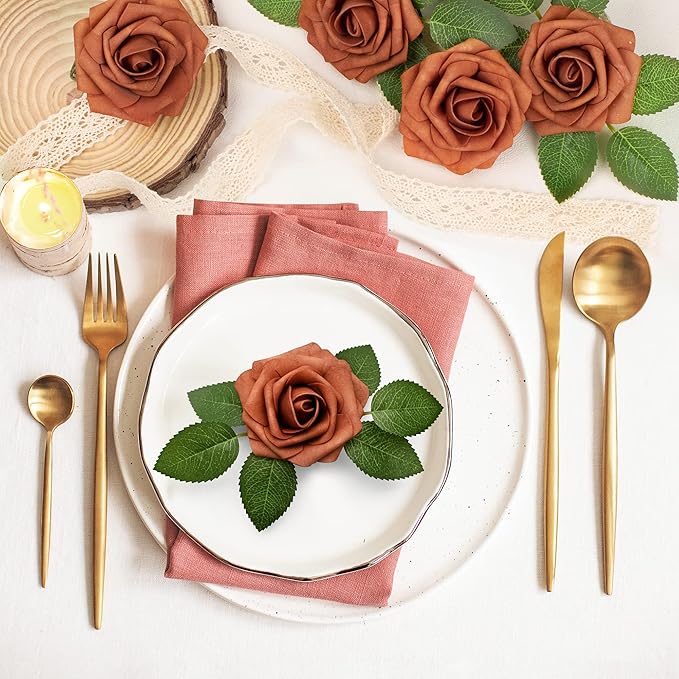 Mocoosy 50Pcs Burnt Orange Artificial Rose Flowers, Terracotta Fake Rose for Decorations, Real Touch Rust Foam Rose Bulk with Stem Wedding Floral Arrangement Bridal Shower Rustic Party Home Decor