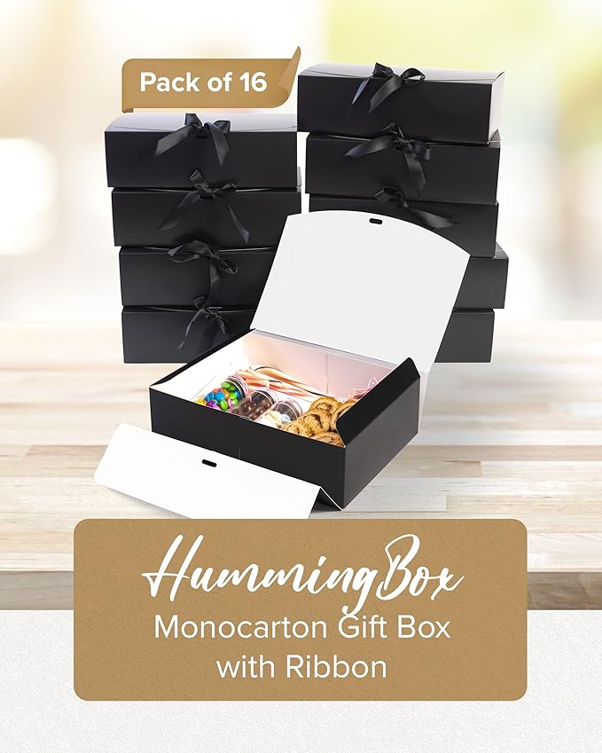 HummingBox Black Gift Box Set of 16 - Gift Boxes for Presents & gifting on weddings, birthdays & more - Easy to Assemble Black Gift Boxes With Lids & Ribbon Closure - Decorative Boxes With Lids