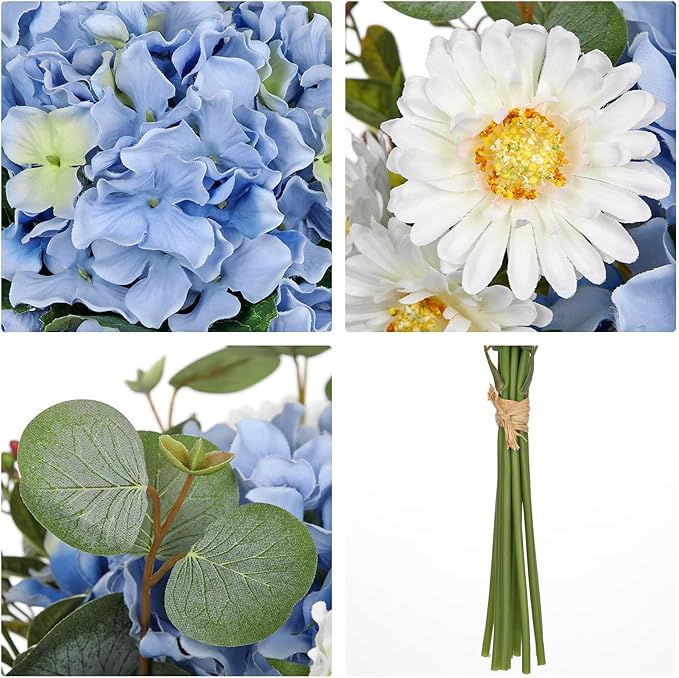 Hydrangea artificial Flowers 12PCS Blue Fake Flowers Long Stems Faux Hydrangea Daisies Silk Arrangements Realistic Faux Flowers for Vase Floral Centerpiece Wedding Bridal Bouquet Party Home Decor