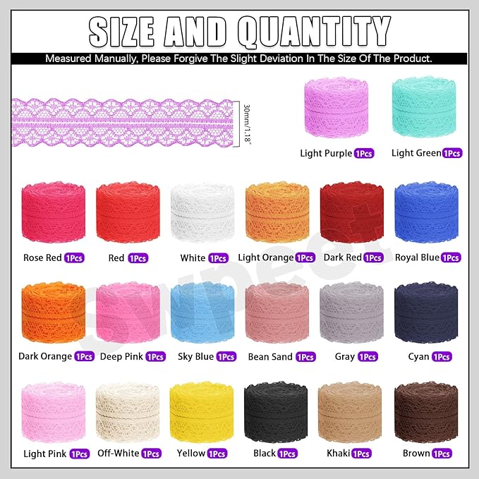 Swpeet 20 Rolls in Total 200 Yards 3cm×10 Yards Colorful Lace Ribbon Floral Pattern Fabric Bilateral Lace Ribbon, Vintage Lacing Trim Ribbons, Crafting Lacing for Decorating, Gift Wrapping, Wedding
