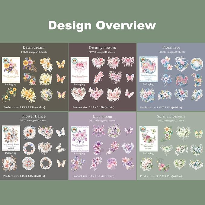 Floral PET Sticker Set, 60PCS Transparent Butterfly, Lace, and Flower Stickers for Scrapbooking, Journaling, Planners and DIY Crafts